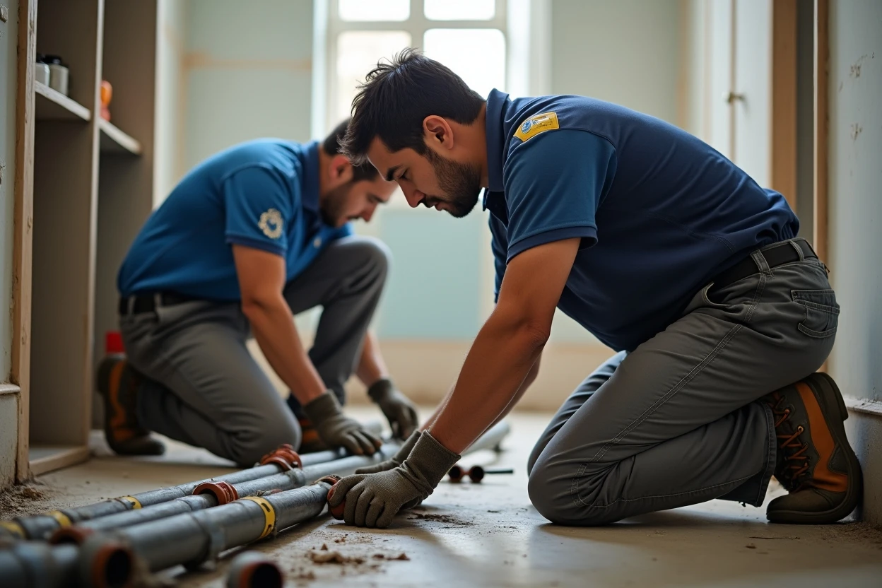 Técnico realizando revisión de tuberías en edificio residencial